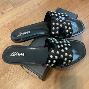 Liliana Iridescent Studded Black Slide Sandals